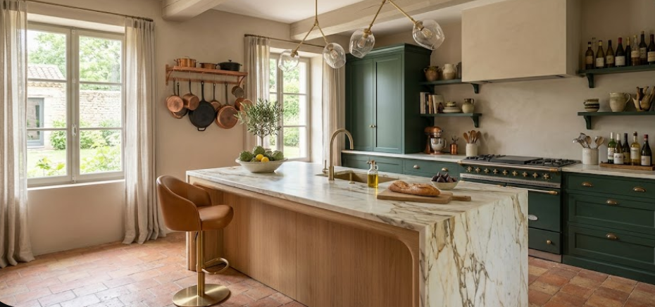 Rénovation cuisine sur mesure Ain — plan de travail marbre